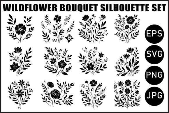 Black Wildflower Bouquet Vector Bundle: Nature's Elegant Edge