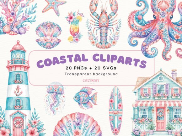 Coastal Watercolor Cliparts: Vibrant Sea Life for Modern Design