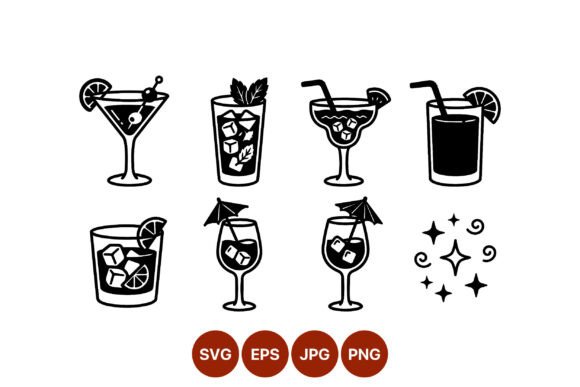 Cocktail Drinks Black Line Art: Stylish Vector Graphics