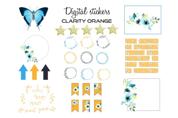 Digital Stickers, Floral - Frames Orange: Elegant Planner Assets