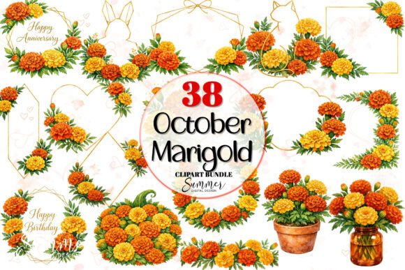 Elegant Gold Marigold Frames & Floral Clipart for Modern Design