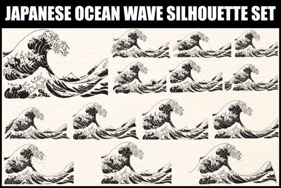 Japanese Ocean Wave Silhouette Set: Bold Art for Modern Design
