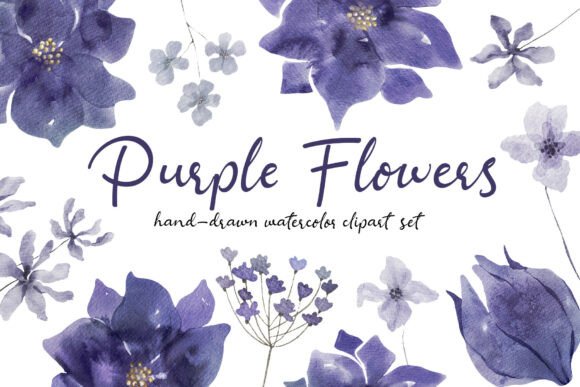 Timeless Elegance with Purple Flowers Watercolor Hand-Drawn Set