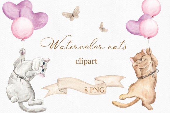 Watercolor Hand Painted Cats with Balloon: A Charming Design Asset